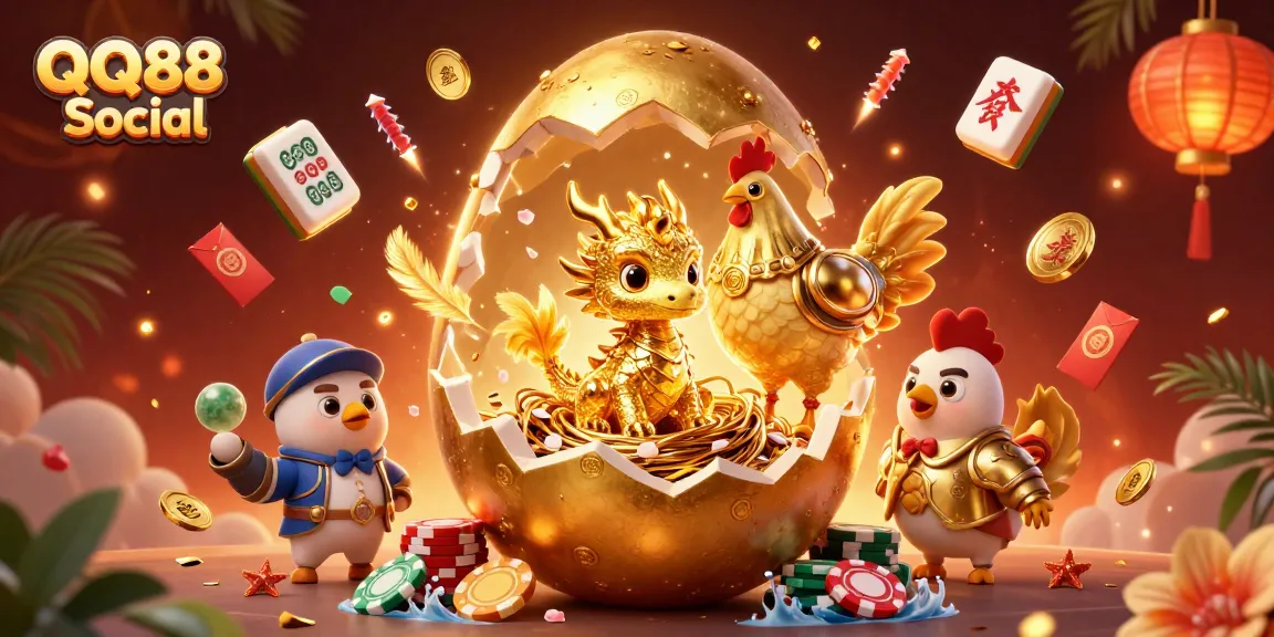 Experience the thrill of QQ88 Social with a captivating scene featuring a golden dragon amidst dazzling gaming elements.