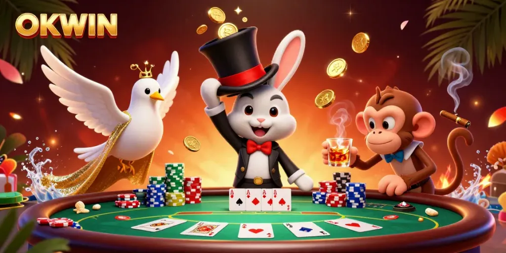 Experience the magic of OKWIN as the playful rabbit conjures coins at the poker table.