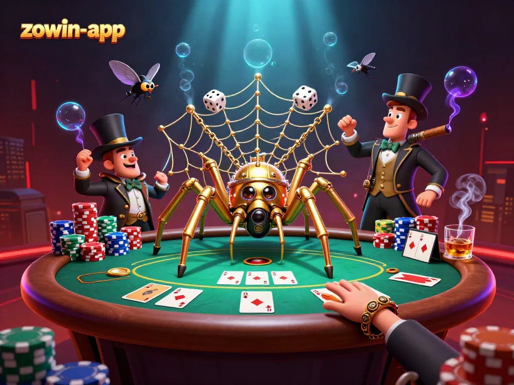 Engage with the dynamic scene of the zowin-app featuring a steampunk spider, poker chips, and cards.