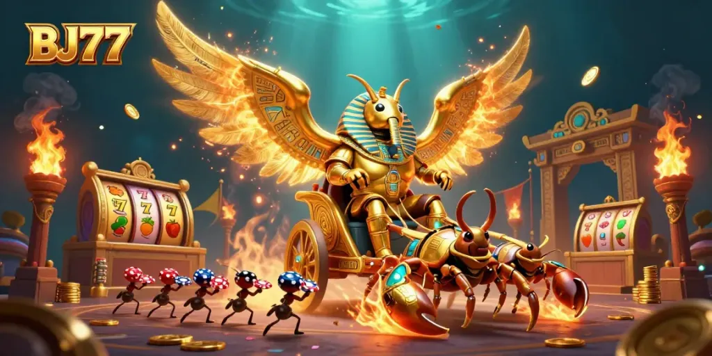 BJ77 showcases a thrilling scene with golden scarab and scorpions amidst slot gaming elements.