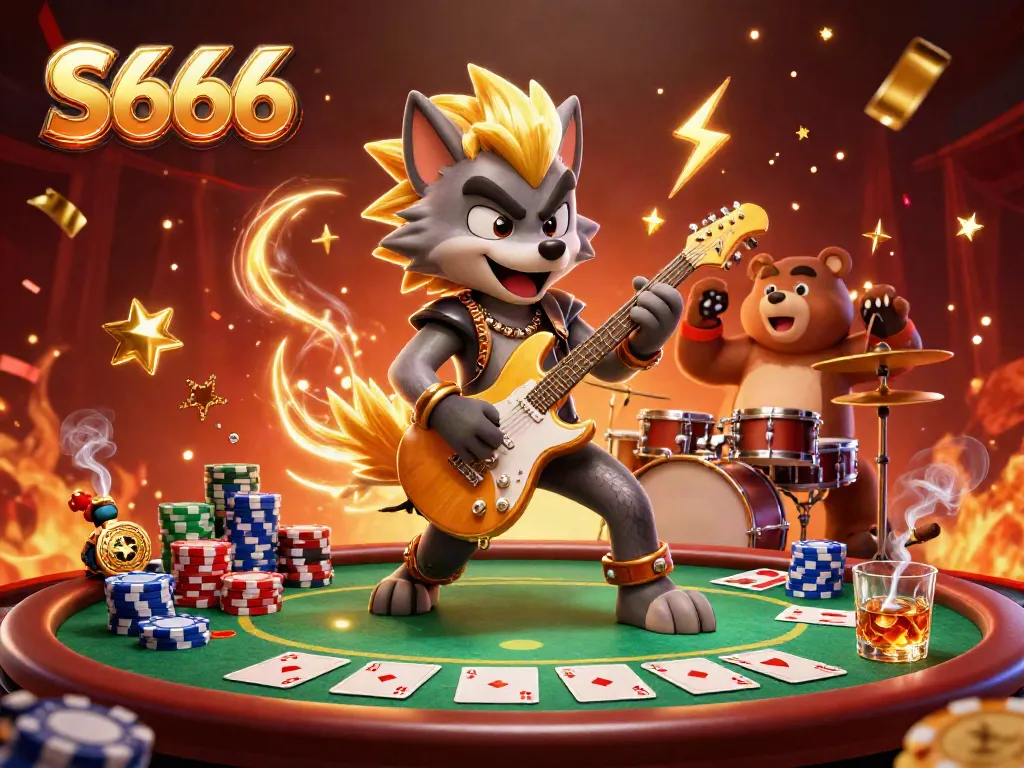 S666 online casino scene with a rock star wolf playing guitar on stage, surrounded by poker chips and vibrant casino elements.