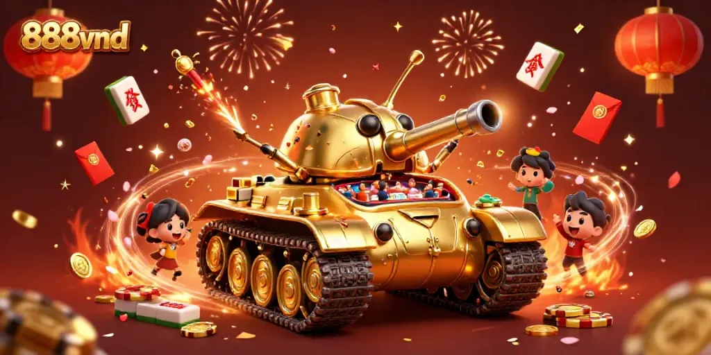Experience the thrill of 888vnd with a golden beetle tank revealing a bustling casino scene.