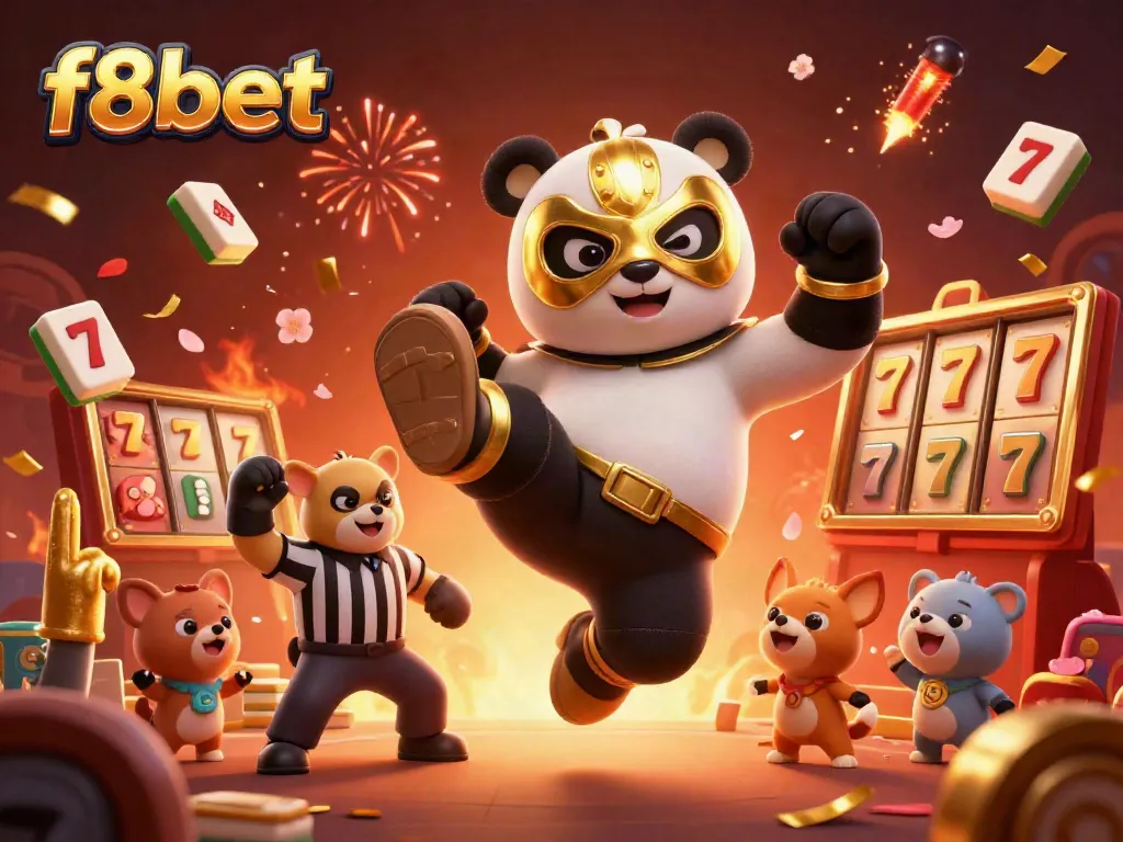 Experience thrilling slots at f8bet with a flying panda, cheering crowds, and lucky symbols.