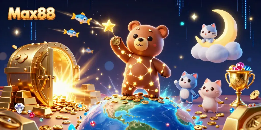 Max88 showcases fun and excitement with golden treasures and constellation characters in an engaging casino atmosphere.