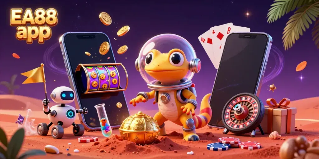 Engage with the vibrant EA88 app scene featuring a Martian gecko exploring a golden casino full of excitement.