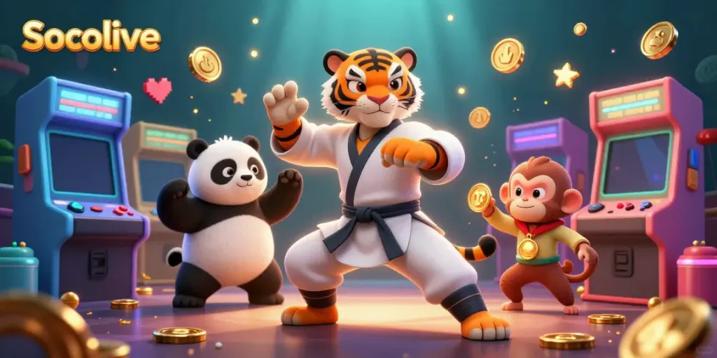 Engage with Socolive's gambling strategies featuring lively characters amidst vibrant casino elements.