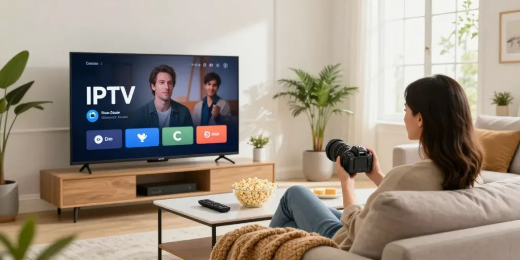 Relaxed living room with a person enjoying an IPTV subscribe service on a smart TV.