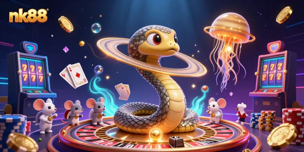 Experience vibrant gameplay with nk88's cosmic-themed betting scene featuring cartoon characters and casino elements.