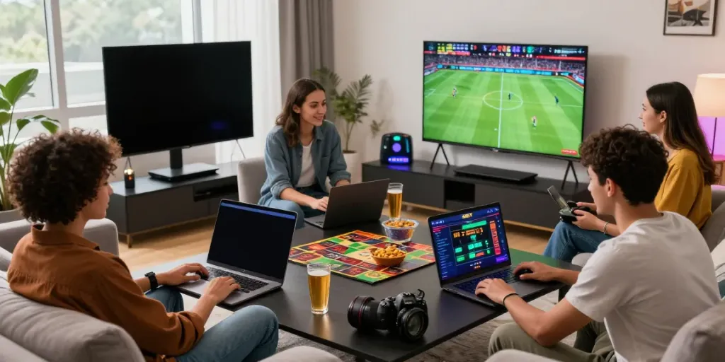 Friends enjoying a lively game night using the ZBET platform for sports betting and casino games.