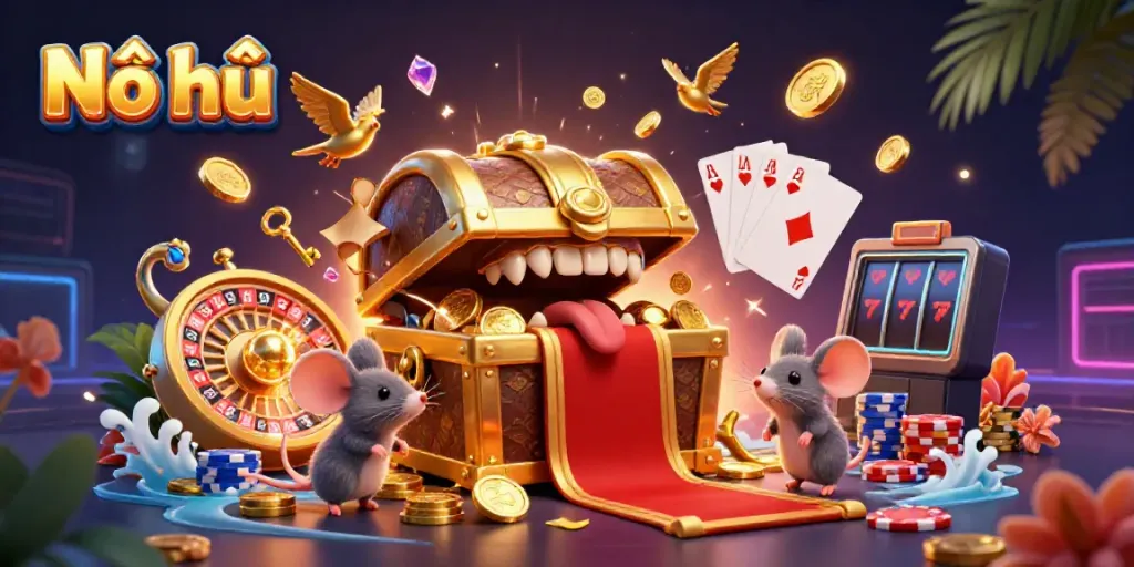 Nổ hũ treasure chest luring adventurer mice with riches in a vibrant casino scene.