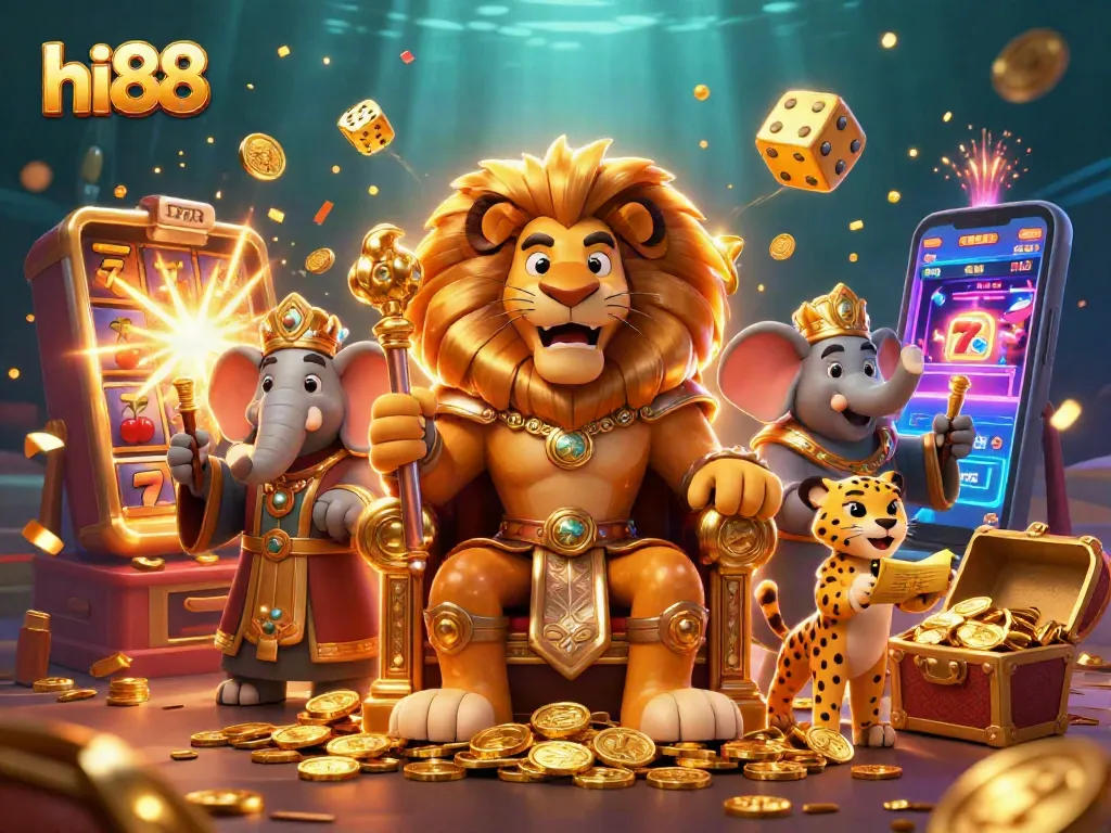 Experience the thrilling world of hi88 with a vibrant casino scene featuring a royal lion king and dynamic slot machines.