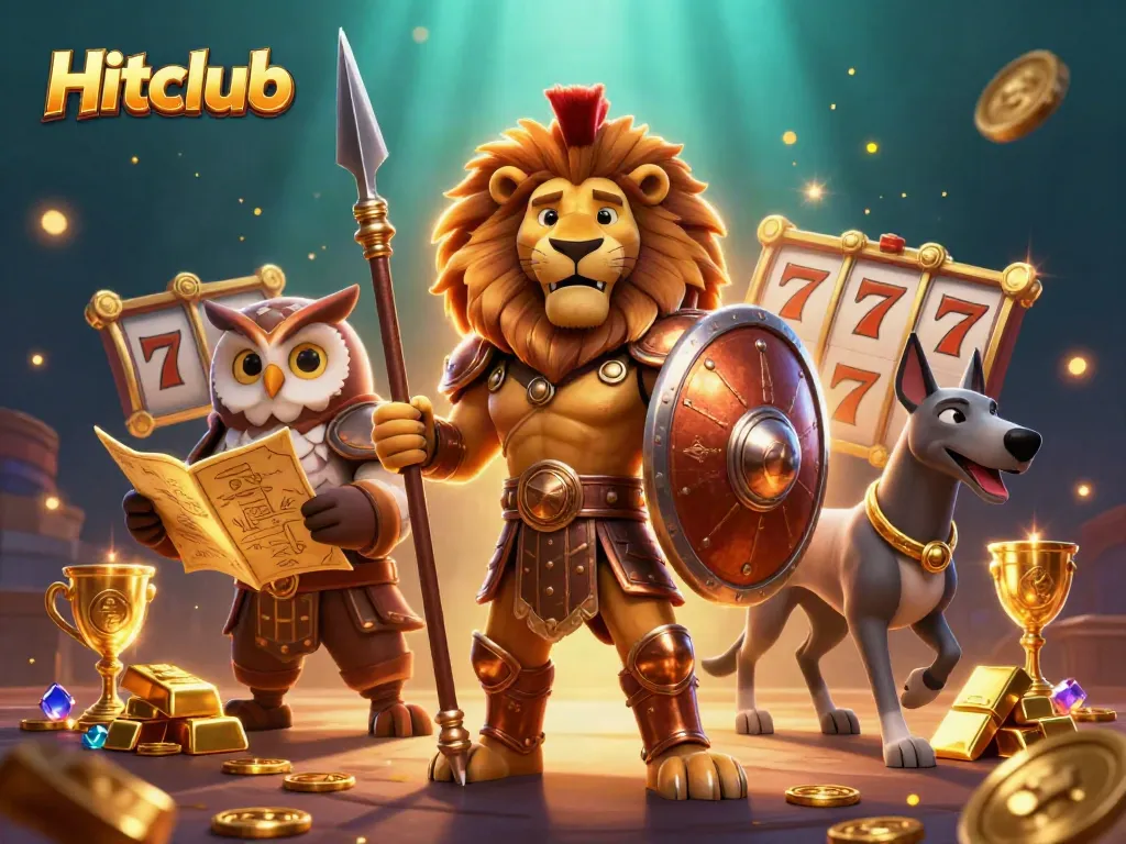 Hitclub presents a vibrant 3D casino scene with a lion, owl, and greyhound amidst slot reels and gold treasures.