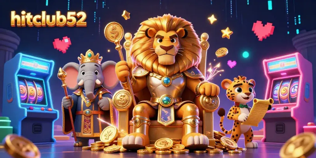 Experience the thrill of hitclub52 with a dynamic 3D scene featuring a lion king surrounded by vibrant casino elements.
