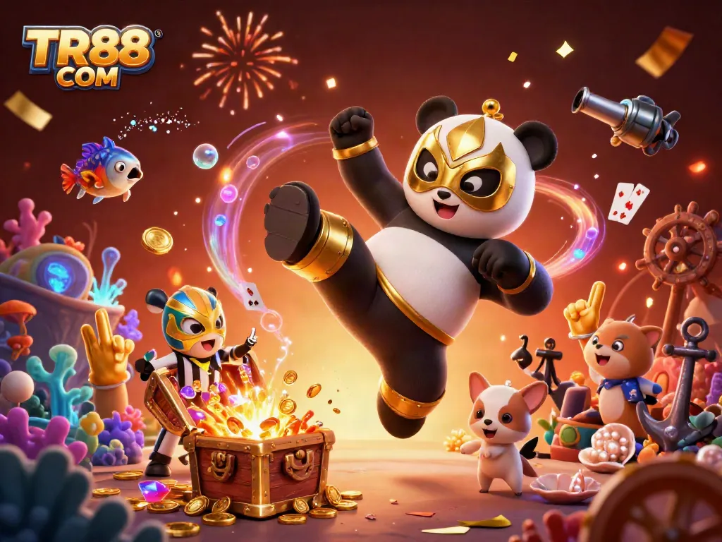 Experience the excitement at TR88 COM with a vibrant 3D illustration of a panda wrestler and animal spectators.