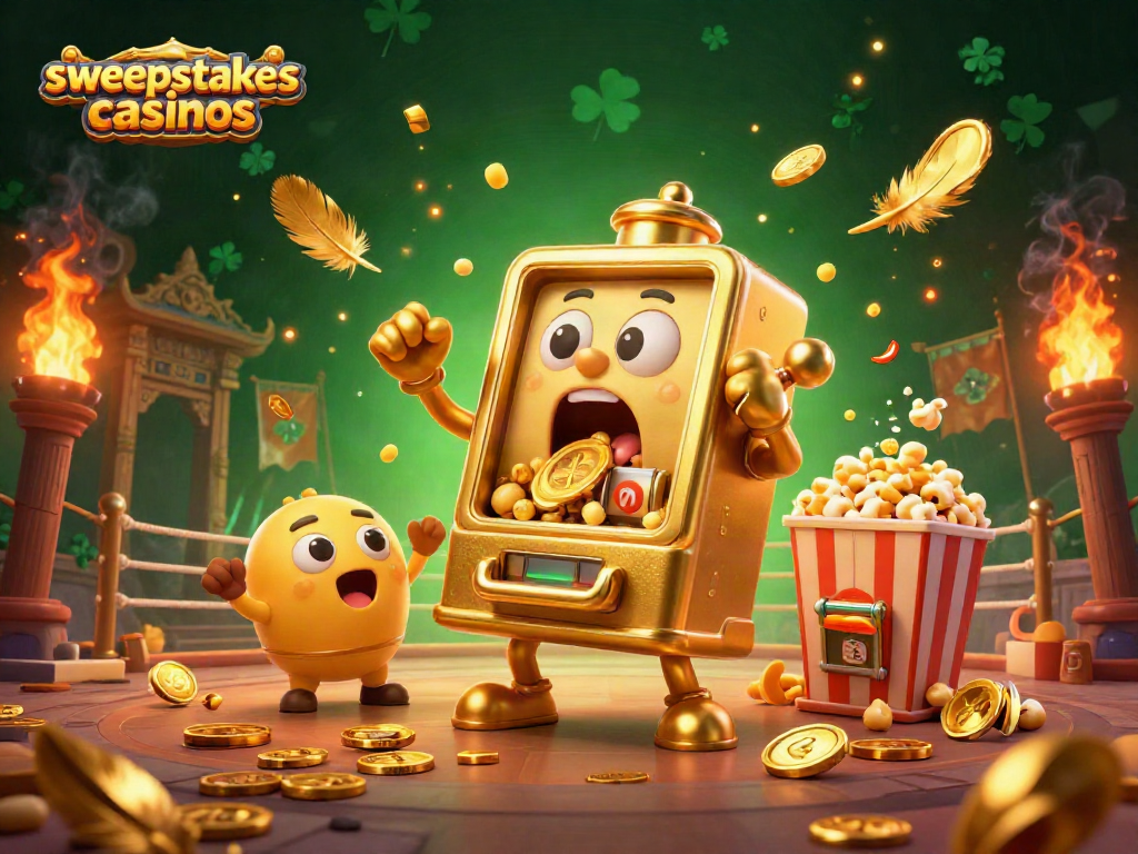 Experience thrilling wins at sweepstakes casinos with a vibrant golden slot machine hitting a jackpot.