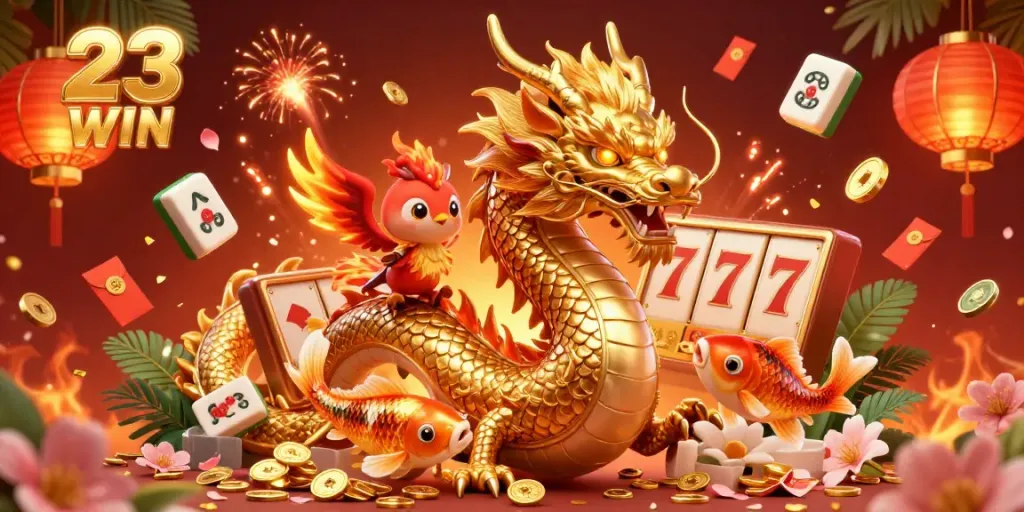 Experience the thrilling gaming world of 23 WIN with dynamic casino elements and vibrant characters.