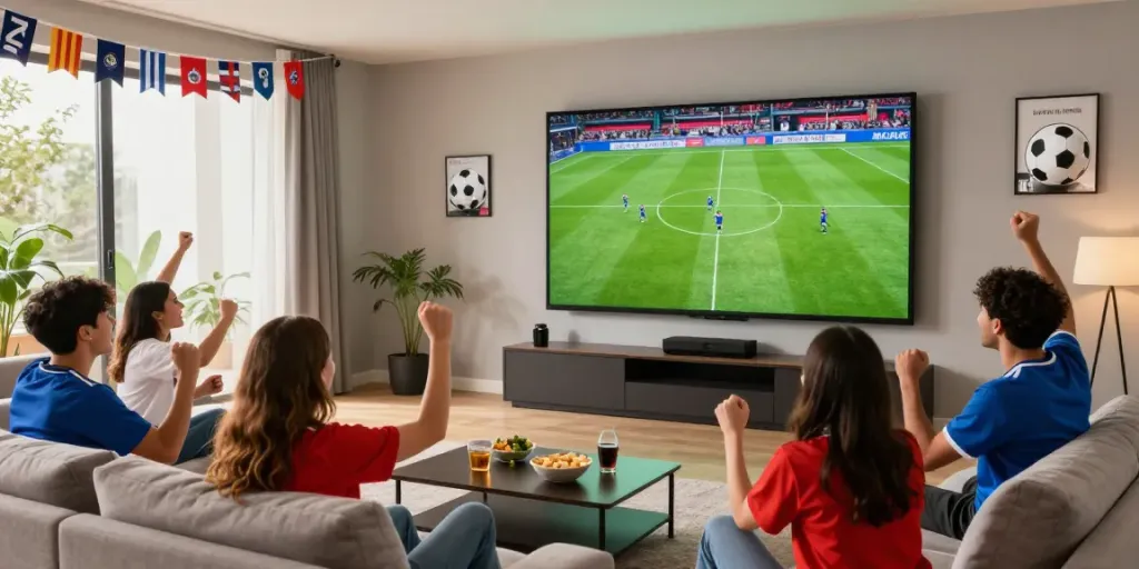 Friends enjoying a thrilling match on GangvangTV, celebrating with snacks and drinks.